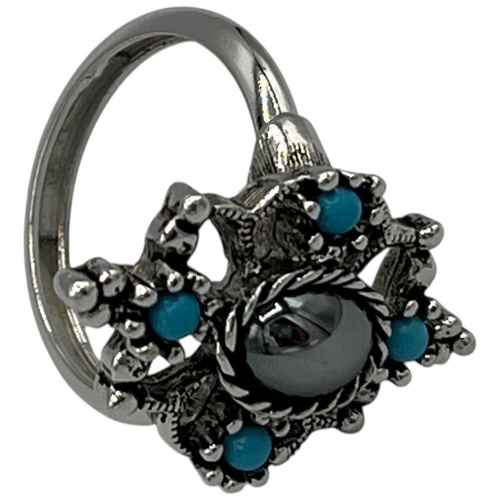 Vintage Avon Silver Tone Hematite Ring with Faux Turquoise Size 7.5 - Picture 7 of 10